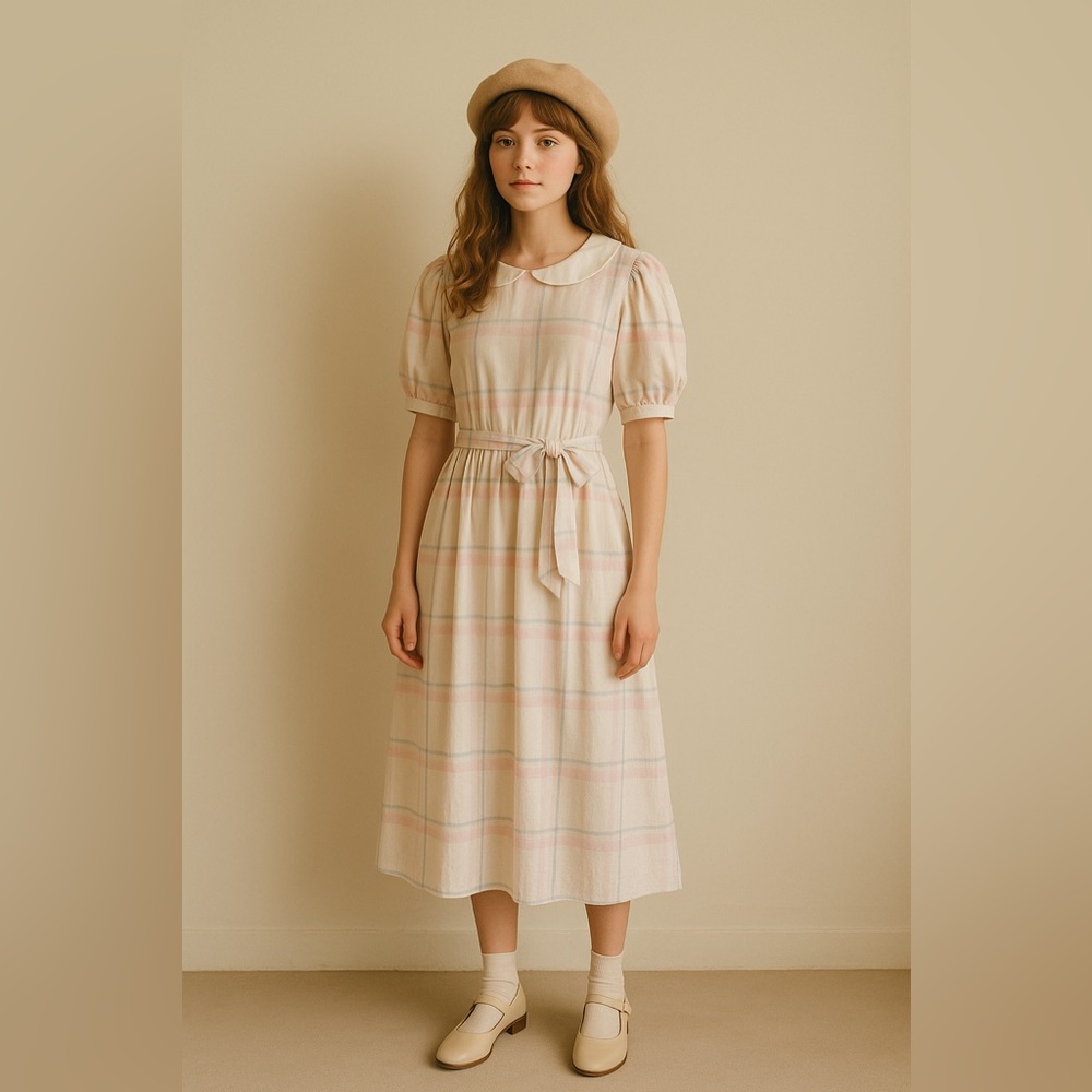 Lanz Vintage 70s White Short Puff Sleeve Peter Pan Collar Midi Dress